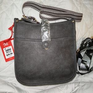 New Vegan Leather Gray Crossbody Bag Two Long Adjustable Fabric Straps Medium